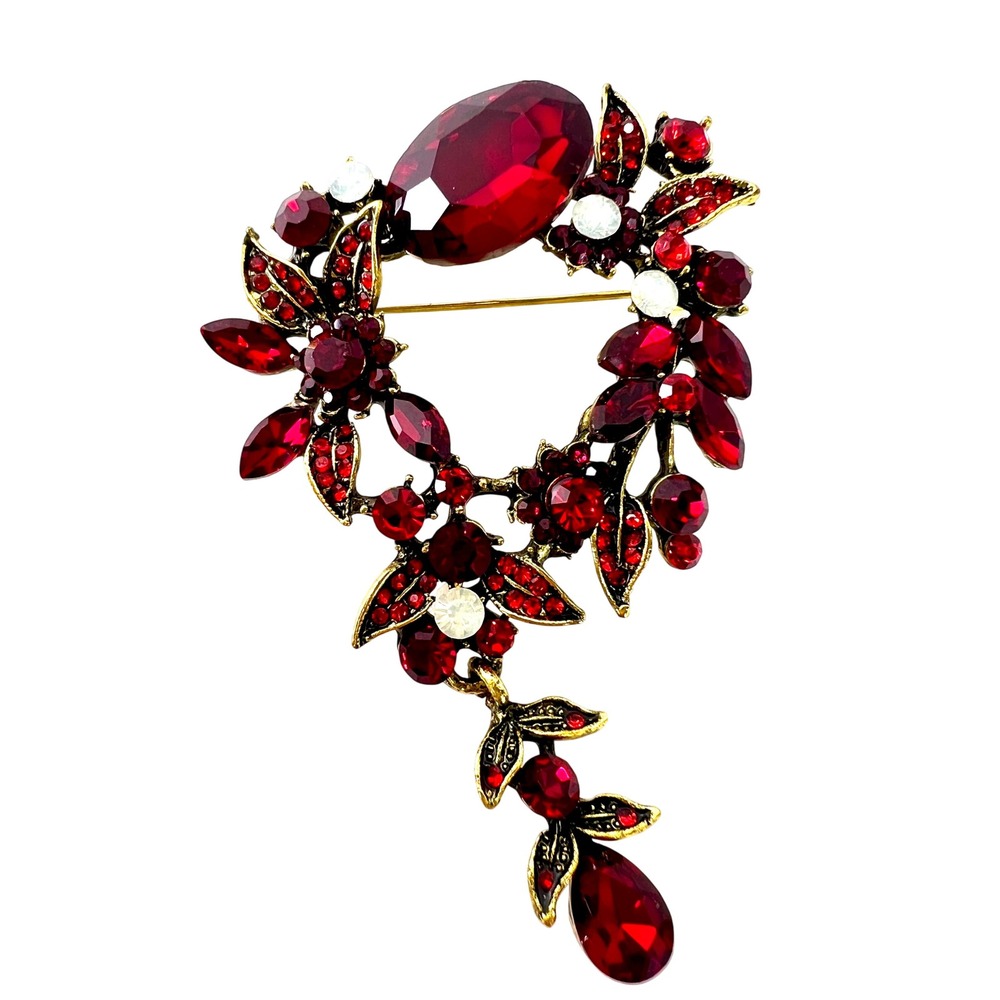 Vintage Style Red Rhinestone Floral Wreath Dangle Brooch Gold Tone Statement Pin